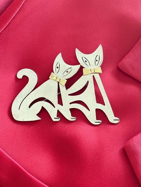 Taxco Jewelry - Vintage Taxco Two Trees Sterling Silver Cat Brooch Mexico Juan Sandoval Vázquez